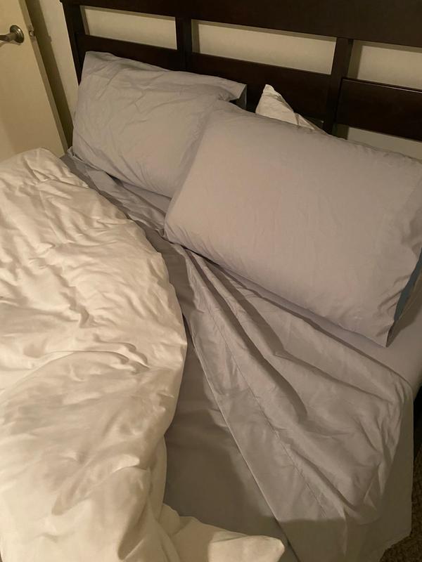 Grey sheets compared to white comforter