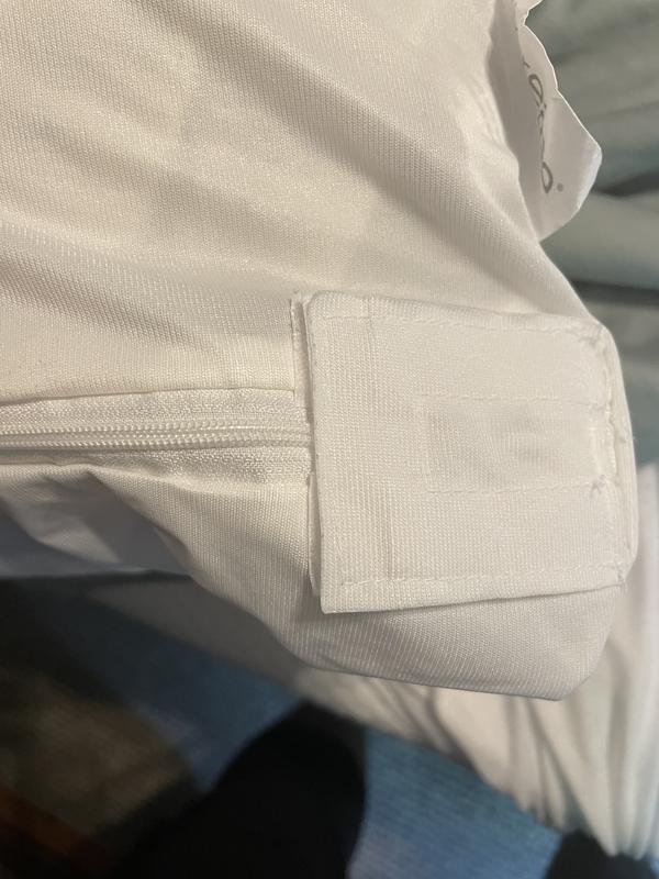 Velcro cover closed over zipper.