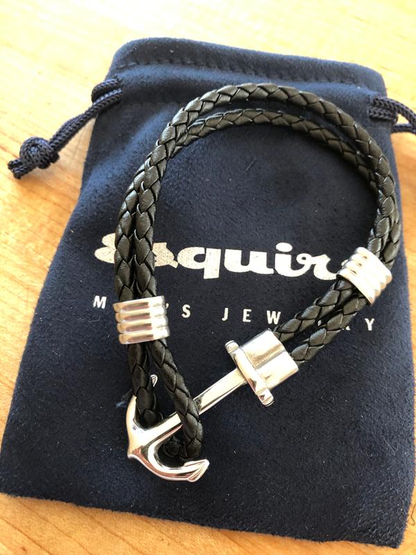 Esquire Men s Black Braided Leather Anchor Bracelet in Stainless Steel Macy s