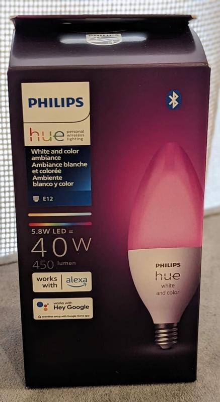  Philips Hue Smart 40W B39 Candle-Shaped LED Bulb - White and  Color Ambiance Color-Changing Light - 1 Pack - 450LM - E12 - Control with  Hue App - Works with Alexa