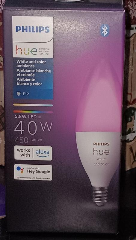  Philips Hue Smart 40W B39 Candle-Shaped LED Bulb - Soft Warm  White Light - 2 Pack - 450LM - E12 - Indoor - Control with Hue App - Works  with Alexa