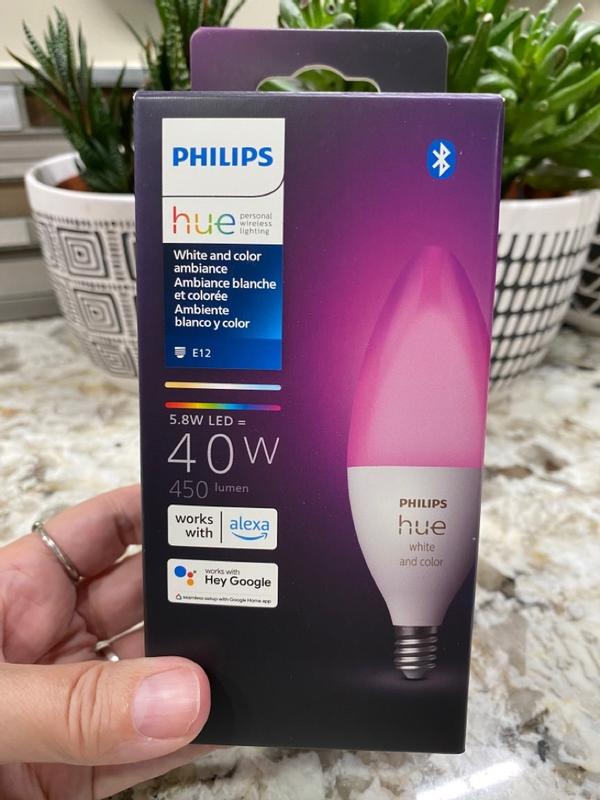  Philips Hue Smart 40W B39 Candle-Shaped LED Bulb - White and  Color Ambiance Color-Changing Light - 1 Pack - 450LM - E12 - Control with  Hue App - Works with Alexa