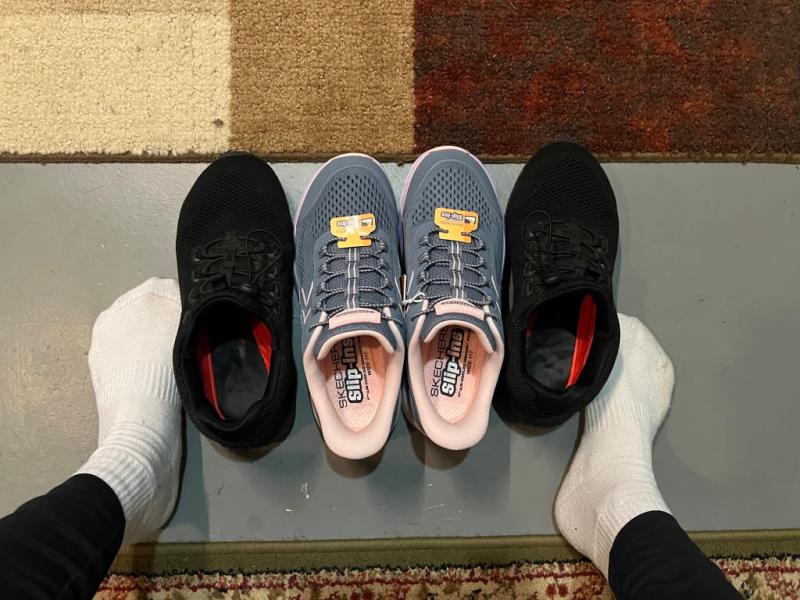 My feet with my old loved Skechers and my new slip ons (truly hands free!) Skechers!