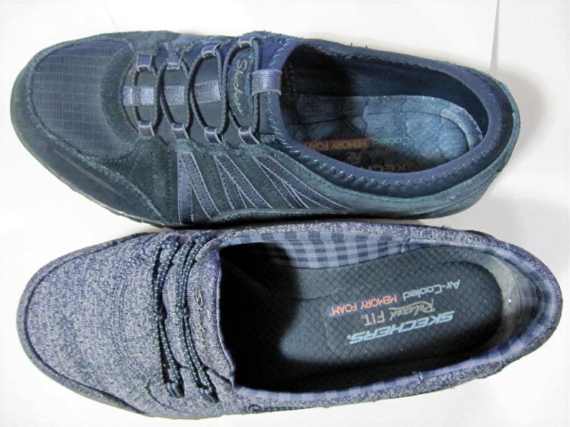 compare the top of the sides and the back to see how the solid blue shoe curves in toward the foot - rubs the heal