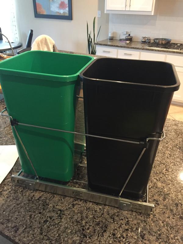 Rev-A-Shelf Pull Out Trash Can for Under Kitchen Cabinets 27 Qt 12 Gallon  Garbage Recyling Bin with Full Extension Slide, Green/Black, RV-15KD-1918C-S