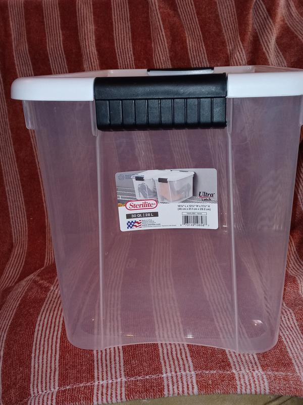 Sterilite 19859806 30 Quart/28 Liter Ultra Latch Box Clear with A White Lid and Black Latches 6-Pack