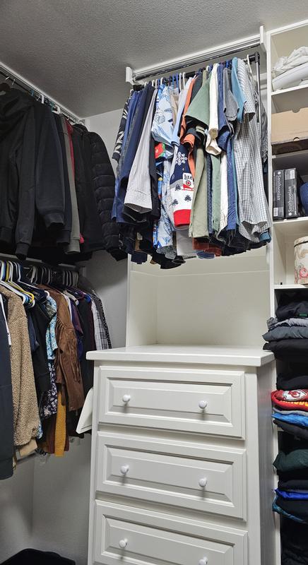 My husband easily installed a Pulldown Closet Rod. It stays well in place when up high.