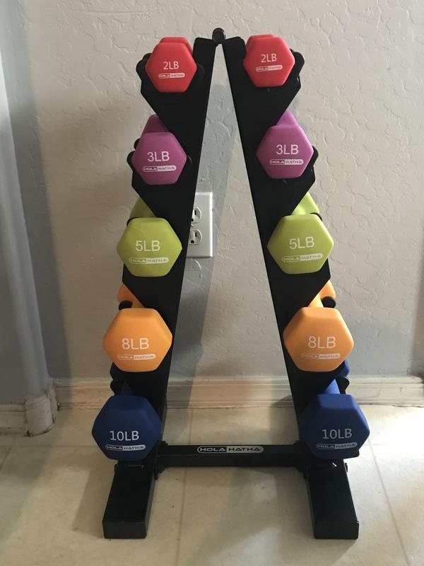 HolaHatha 2, 3, and 5 Pound Neoprene Dumbbell Free Weight Set with Rack 