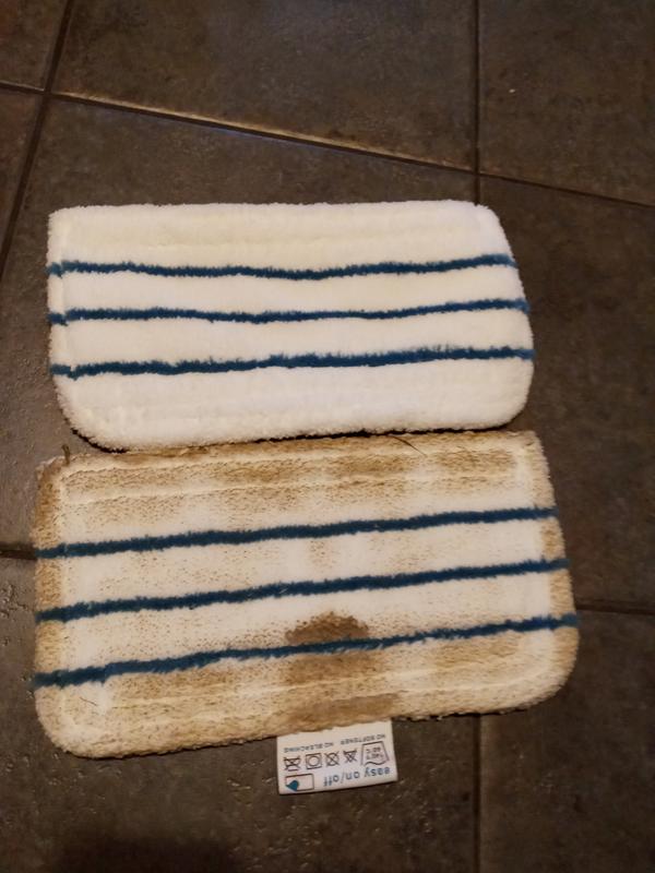 All of the amazing accessories and an example of how much dirt was picked up using the steam mop, after using floor cleaner.