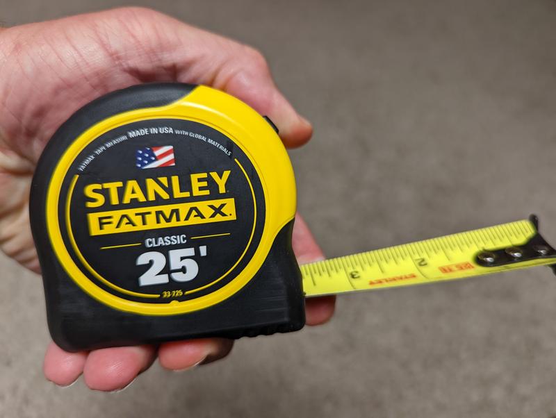 Stanley Tape Measure: 25 ft Tape Lg, 1 in Tape Wd, Plastic Case, Polymer, 7 ft Standout Lg, Auto, Yellow Tape, SAE, inch