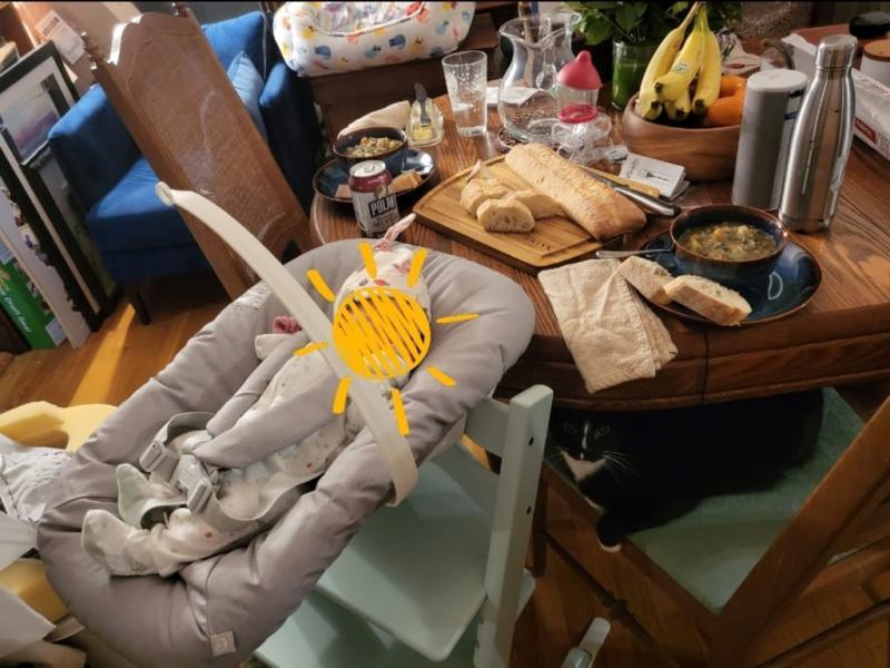 First meal as a family, 3 days after home from the hospital