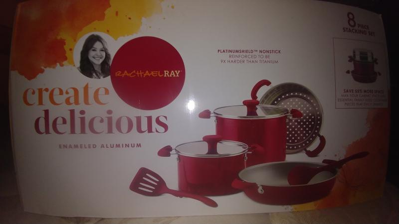 Rachael Ray 8-Piece Get Cooking! Stackable Nonstick Cookware Set, Red