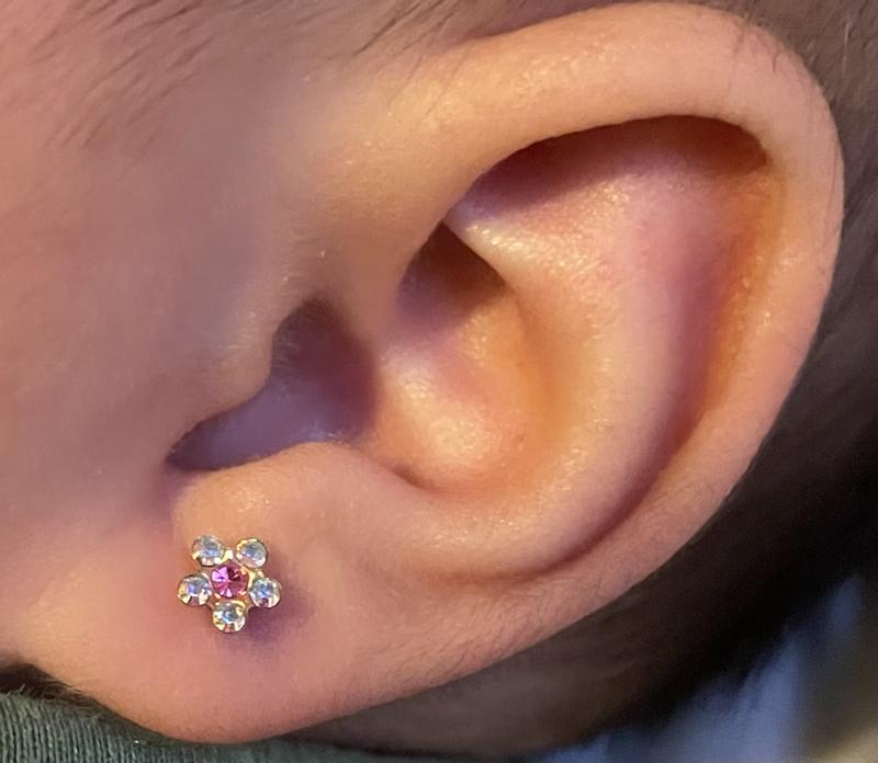 Pink and White Crystal Daisy Stud Piercing Earrings in 14K