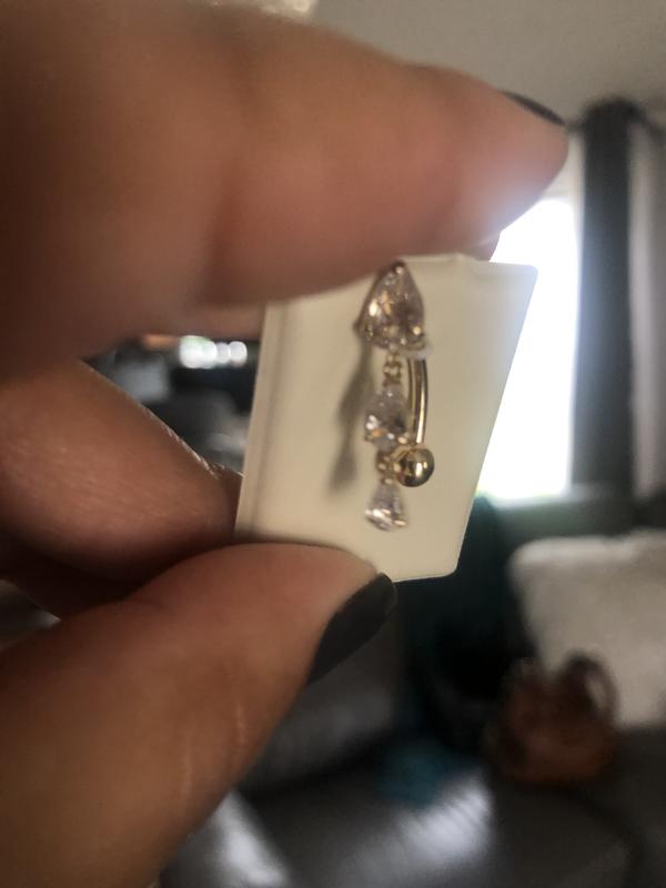 10K Solid Gold CZ Graduated Pear-Shaped Triple Dangle Top Down Belly Button Ring - 14G 3/8"