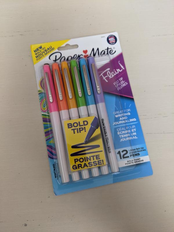 Paper Mate Flair Pens, Felt Tip Pens, Bold Tip (1.2 mm), Assorted Colors,  12 Count