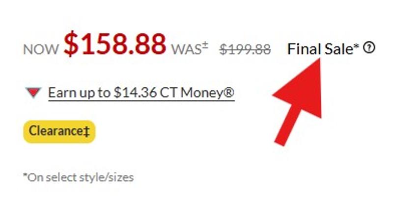 How Canadian Tire & Sport Chek website shows final sale