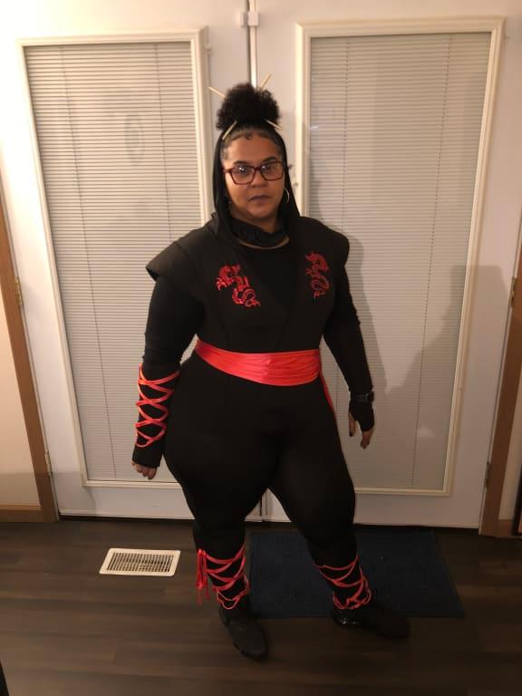 Women's Ninja Black/Red Jumpsuit with Hood & Gloves Halloween Costume ...