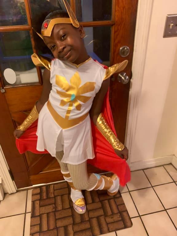 Kids Mythical Warrior Princess Whit Gold Dress with Headband Cape Boot Covers Halloween Costume Assorted Sizes Party City