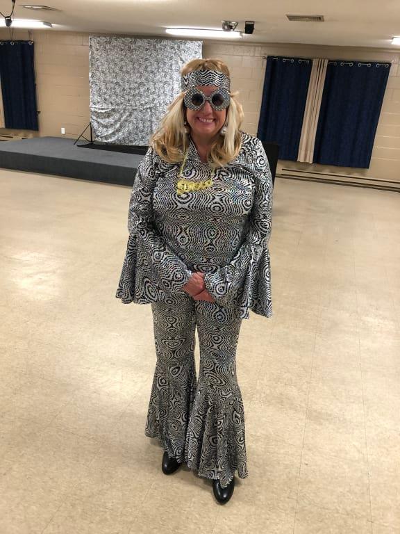 Women s Dancing Queen Disco Blue Outfit with Shirt Pants Headscarf Halloween Costume Assorted Sizes Party City