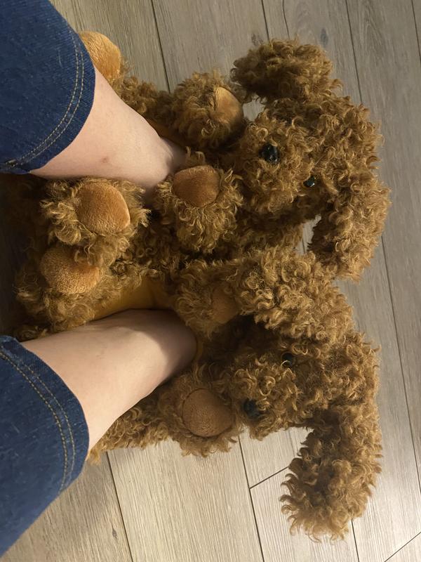 Another view of how these fuzzy slippers look on my feet.