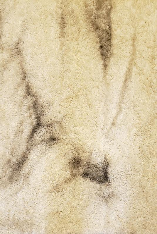White rug with soot-like stains