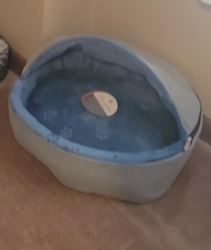 K&H Blue and Gray Self Warming Hooded Cat bed, 16" L x 16" W Petco