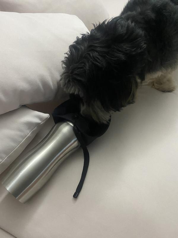 These pictures were taken after my dog and I went on a 30min walk in nice sunny weather. I didn’t take a backpack with me but I was able to hang the bottle on my wrist and my dog drinks out of it with no issue.