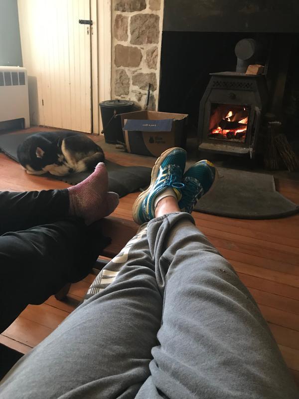 Husky sleeping by the fire