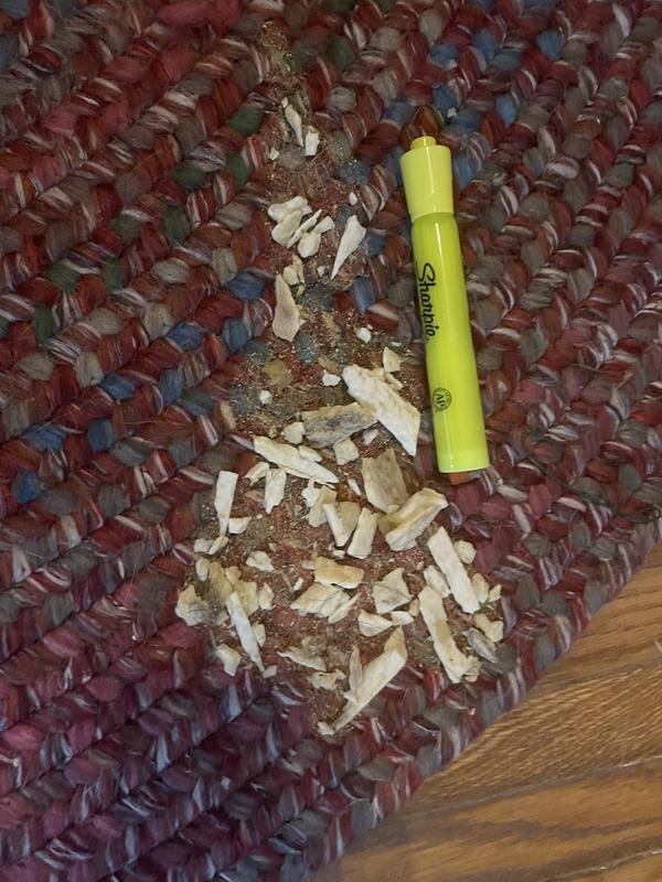 Antler shards in dried throw up. Highlighter for scale