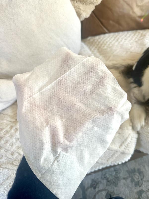 8" x 8", and strong enough to get messes out of fur without disintegrating. Non-flushable.