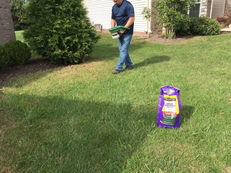 My husband seeding the front lawn