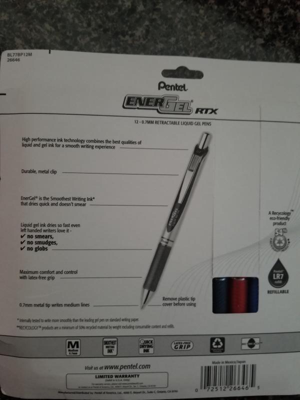 Pentel EnerGel RTX Liquid Gel Pen, Med, 0.7mm, 12 pack