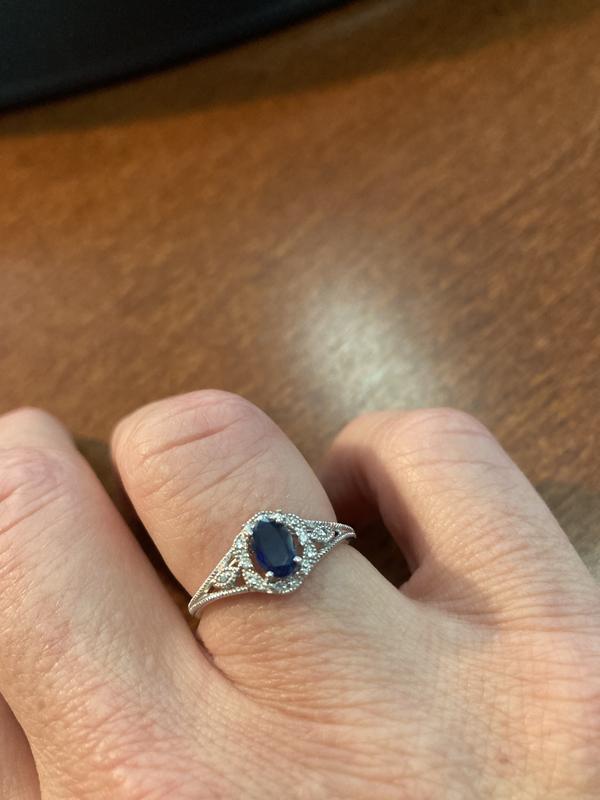 Oval Blue Sapphire Filigree Ring in 10K White Gold with Diamond