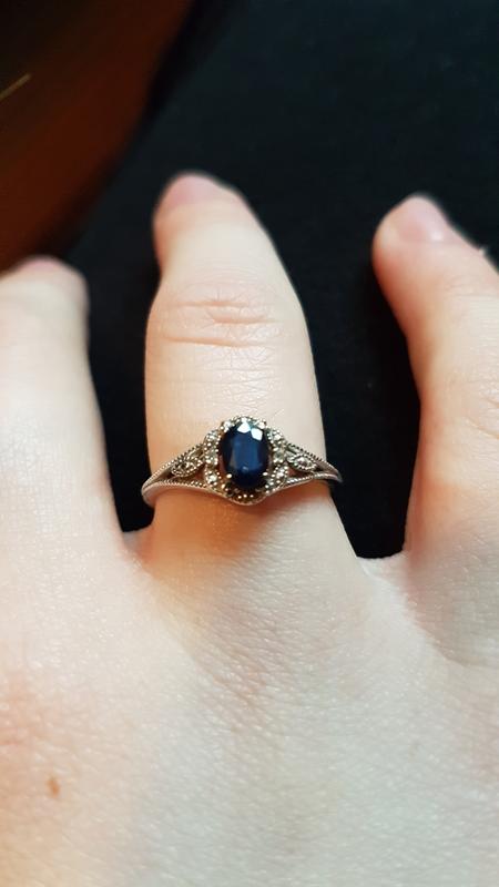 Oval Blue Sapphire Filigree Ring in 10K White Gold with Diamond