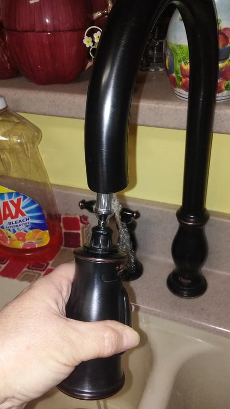 Pfister Hanover Kitchen Faucet With Pull-Down Sprayer & Soap Dispenser – 2-Handle High Arc, Tuscan Bronze (F5314HNY)
