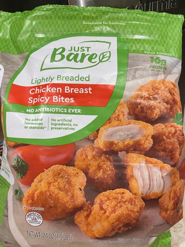 Just Bare Lightly Breaded Chicken Breast Spicy Bites. Good quality chicken,  tasty, easy to prepare - just not spicy at all. : r/frozendinners