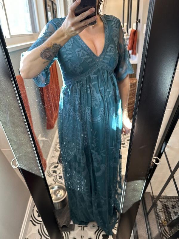 PinkBlush Teal Lace Mesh Overlay Maternity Maxi Dress