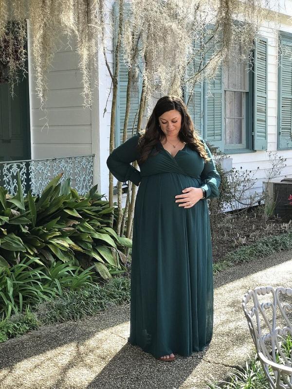 Green Chiffon Long Sleeve Pleated Plus Maternity Maxi Dress  PinkBlush