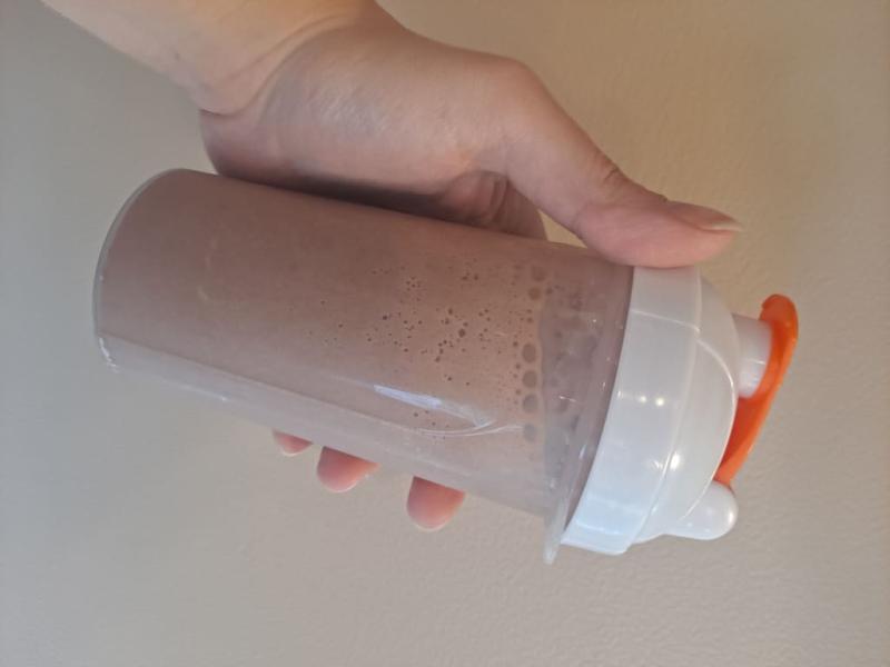 Mixed with chocolate almond milk and it tastes just like a coffee dessert drink!