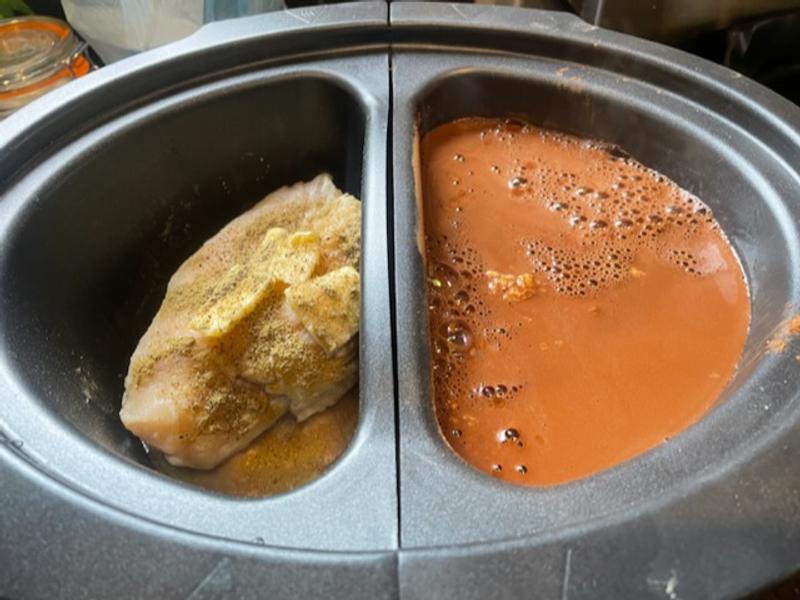 Chicken on the left, slow cooker cake on the right