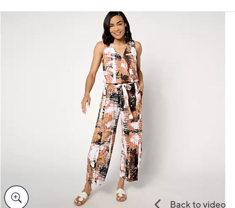 Susan Graver Soleil Regular Printed Tie Waist Jumpsuit