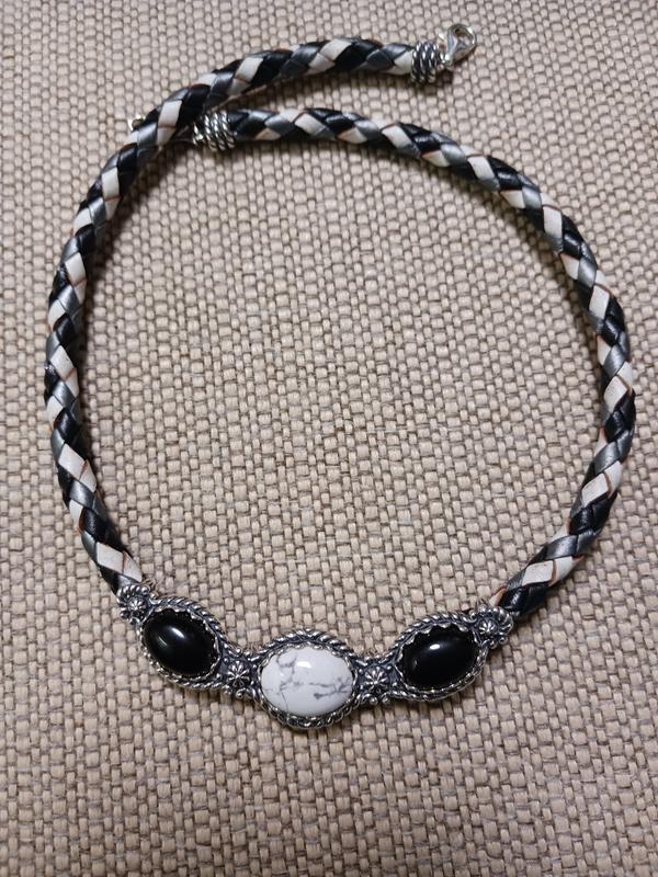 American West Tonal Braided Leather 3 Stone Gemstone SS Necklace QVC