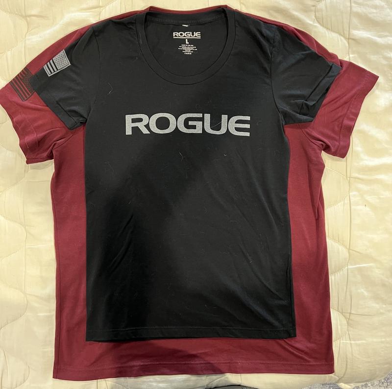 Red shirt underneath, Rogue men's Large. Women's Large on top.