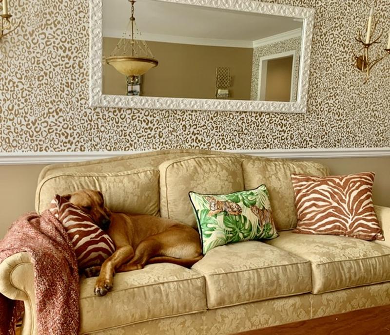 Same couch different pillows and new metallic wallpaper