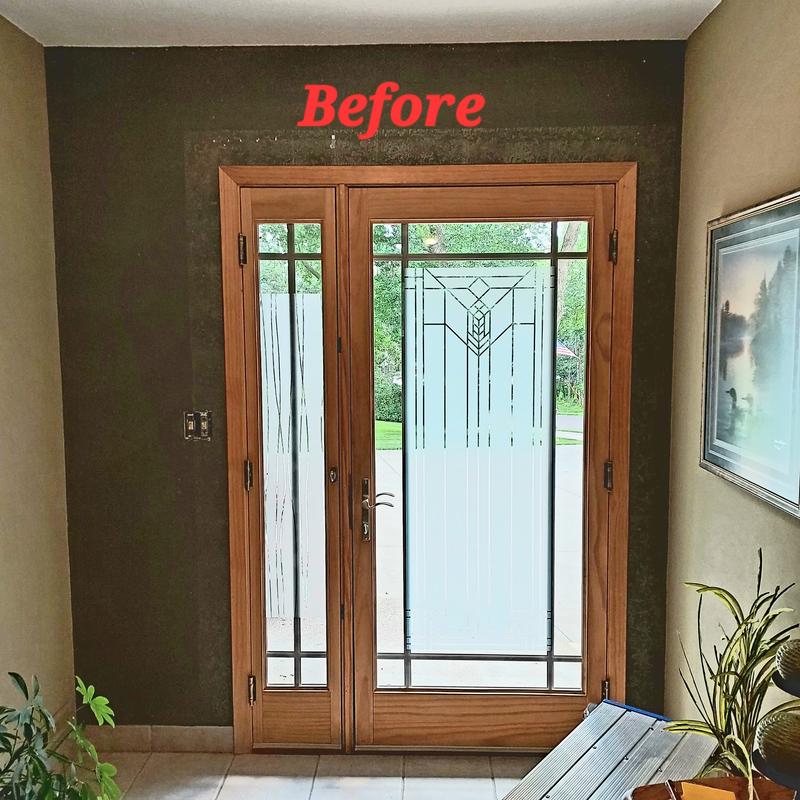 BEFORE; green wall, unstained door...