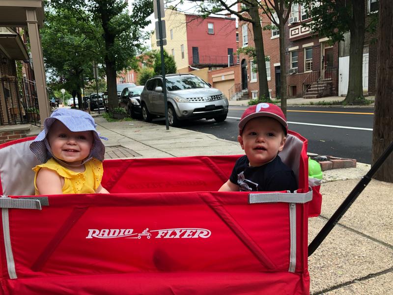 Garrett with his cousin Shayna, loving the wagon.