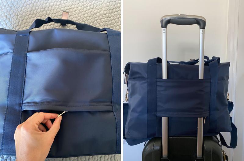 Back flap can slide over suitcase handles or zipped to use as a pocket