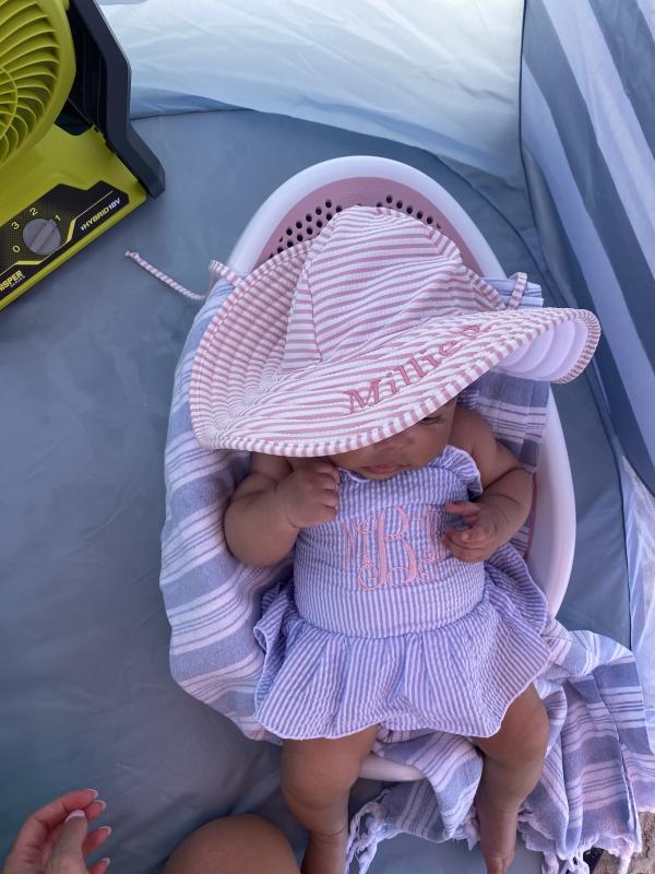 Customer photo for "Pink Seersucker Swim Hat - 0-12m"
