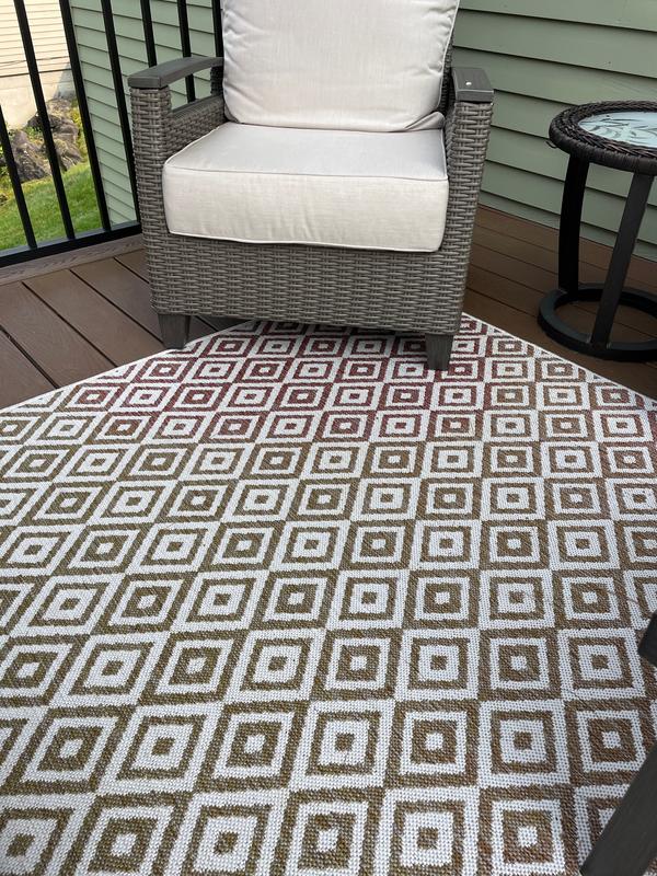 The rug has lost red color...  I bought this rug this summer and it has lost all color except where the rug was under a chair or table...  The main rug is now a brownish color....  very disappointing!!!