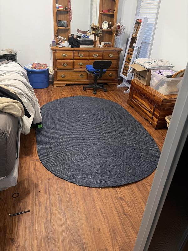 Unique Loom Braided Jute 5 x 8 (ft) Braided Jute Navy Blue Oval Indoor ...